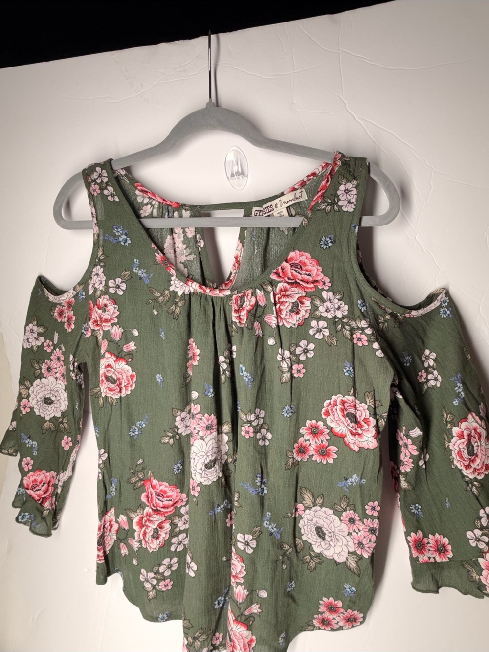 Cold-Shoulder Floral Blouse - Olive with Pink Flowers